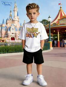 Disney Chip 'n Dale Rescue Rangers Print Kids Clothing Set, White Short Sleeve With Black Shorts, Classic Chipmunks All Cartoon Characters Gathered, Retro Slogan Full Of Fun, Classic IP With High Identifiability, Skin-Friendly Breathable, Daily Outing School Casual Summer Wear, Unisex - 白色+黑色 - 查看 1