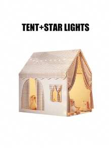 Children's Game House Tent, Large Indoor Parent Child Interactive Game Room, Crawling Game House Tent Suitable For Both Boys And Girls, Outdo Or Fun Game Tent, Durable Checkered Tent, Perfect Gift For Children, Tent For Kids, Tent, Equipped With Star Lights (Without Battery) - 卡其帳篷+燈套裝A(布質窗簾) - 查看 7