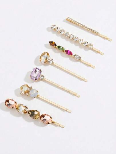 7件套几何水钻和仿宝石装饰发夹套装，简约金色合金发夹，适合女性日常装饰