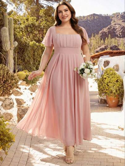 EVERPRETTY 优雅雪纺短袖方领粉色伴娘礼服，春夏婚礼宾客正式礼服，婚礼派对礼服