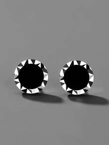 1 Pair S925 Sterling Silver Asymmetrical Black Stud Earrings, Minimalist Versatile Fashion Earrings For Men & Women, Unique Luxury Gift - Round - View 3