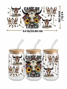 4件套西部牛仔女郎与牛仔竞技UV DTF转印贴纸，适用于16盎司Libbey玻璃杯（9.4x4.3英寸），Howdy Boots骷髅粉色蝴蝶结绿松石防水贴纸，狂野西部美学贴花，无需加热 - Western Cowgirl 03 - 查看 5