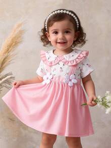Baby Girls' Pink Floral 2 In 1 Ruffle Hem Sweet Floral Peter Pan Collar Toddler Dress With 3D Flower Decor - Pink - View 11