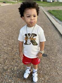 1pc Infant/Toddler Boys' Creative Cartoon Graphic Letter Slogan Print Basic Round Neck Short Sleeve T-Shirt, Casual & Fashionable - White - View 4