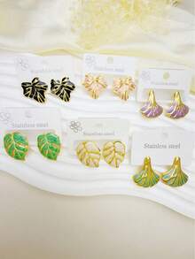 Set de 12 piezas de nuevos pendientes con forma de hoja con efecto de goteo de aceite. Pendientes tipo botón con hojas de ginkgo y arce. Adecuados para uso diario y ocasiones de fiesta. - Multicolor - Ver 3