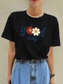 Round Neck Simple Breathable Short Sleeve T-Shirt Floral Print Korean Style Women's Fashion Casual Fit Summer. - Đen 24 - Xem 1