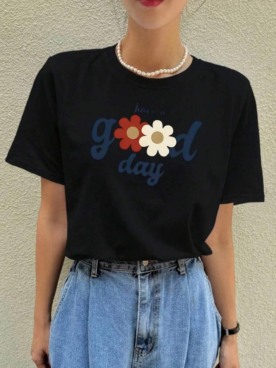 Round Neck Simple Breathable Short Sleeve T-Shirt Floral Print Korean Style Women's Fashion Casual Fit Summer. - Đen 24 - Xem 1