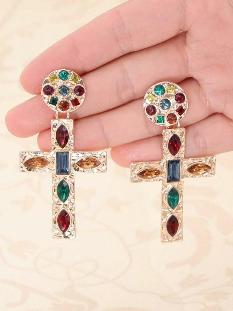 1 Pair Fashionable Gold Cross Earrings + Casual Acrylic Earrings For Women, Suitable For Daily Wear - Multicolor - View 1
