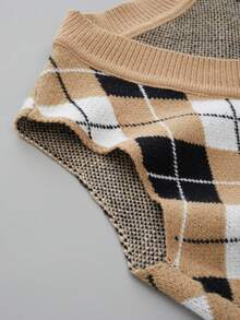 女士菱形图案无袖针织背心，适合春、夏、秋季日常穿着。 - 芥末黃 - 查看 5