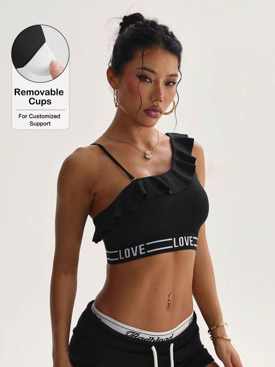 Women's Solid Color Removable Padded Racerback Ruffle Trim Sports Knit Bra - Black - View 1