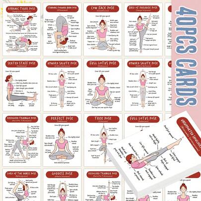 40pcs Yoga Pose Guide Card Set, Fitness Yoga Exercise Cards With Step-By-Step Poses, Yoga Gift Card For Men And Women, Basic Practice Cards And Stretching Teaching, Suitable For Beginners, Office And Teachers Evening & Morning Routines