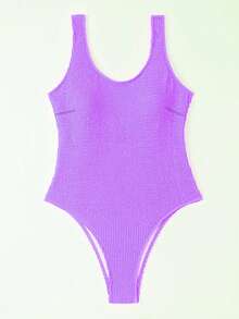 Plain One Piece Swimsuit Summer - Mauve Purple - View 2
