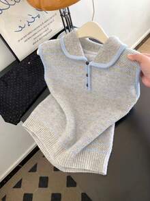 Women's Polo Collar Striped Inlaid Contrast Trim Button Sleeveless Knit Top, Casual Wear Summer - Gray and White - View 4