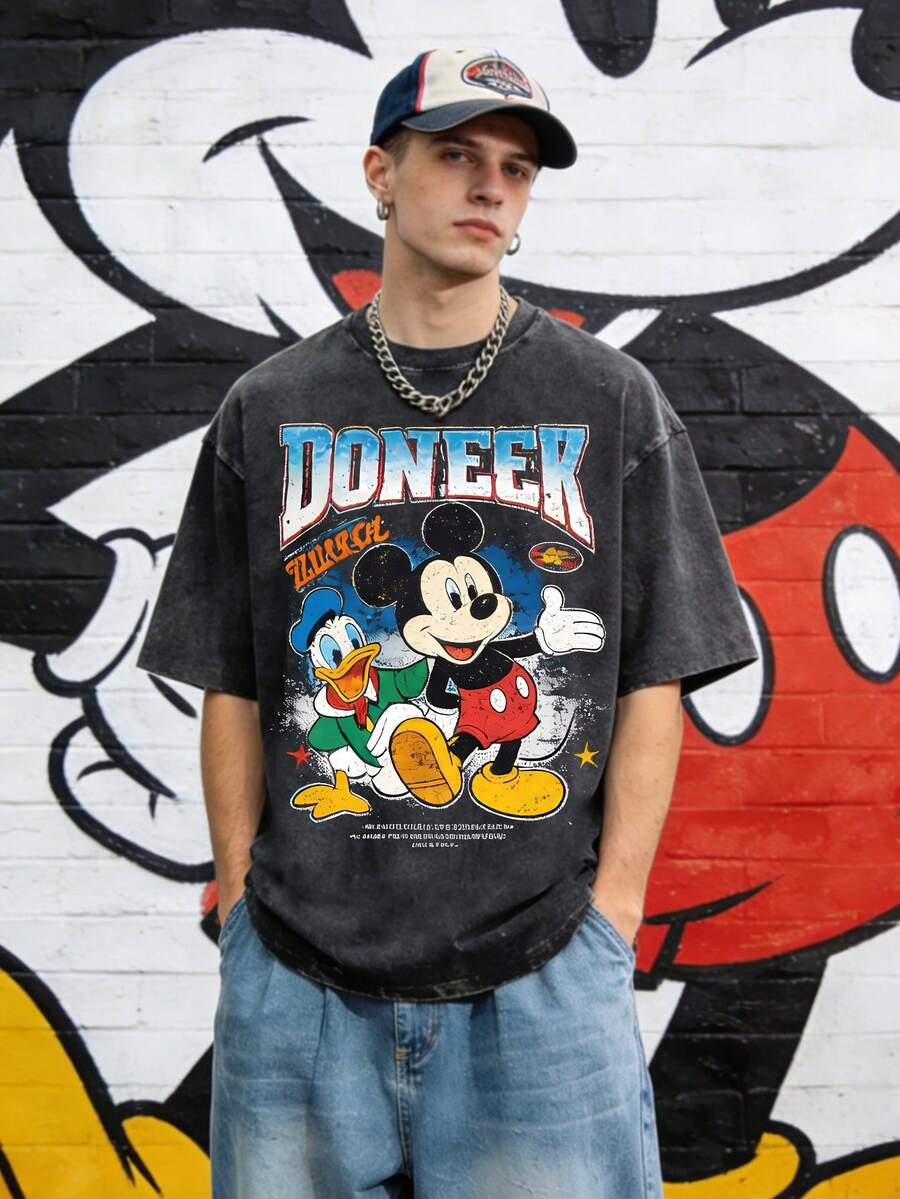 Simple Disney Print Short Sleeve, American Street Loose Casual Men Tee - 黑色 - 查看 1