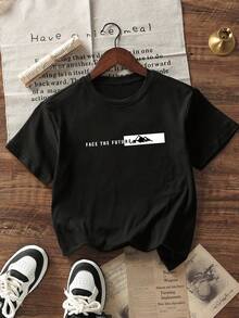 男童休闲印花圆领短袖T恤，夏季上衣 - 黑色 - 查看 3