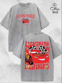 Disney Lightning McQueen Cars Graphic Oversized T Shirt, Vintage Washed Cotton Short Sleeve Casual Streetwear Tee Top For Men Women - Xám - Xem 1
