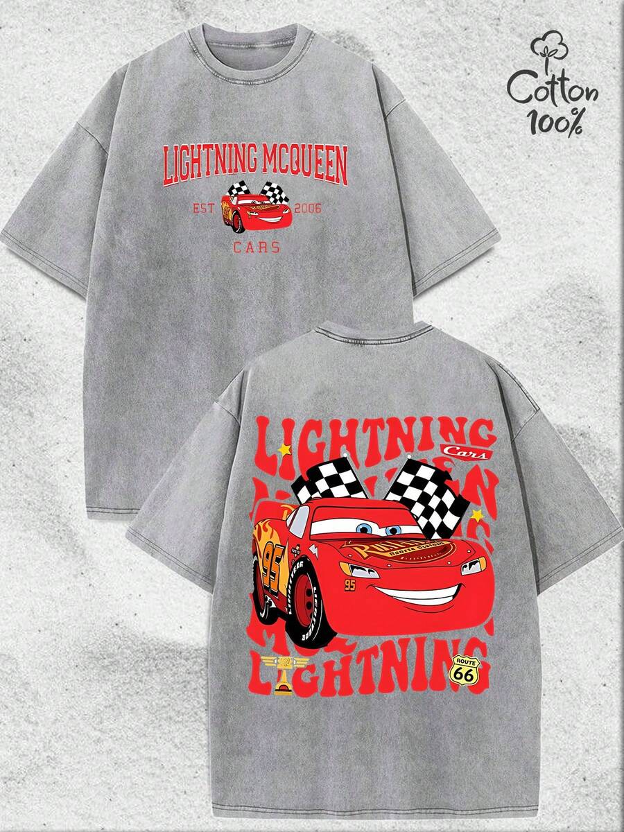 Disney Lightning McQueen Cars Graphic Oversized T Shirt, Vintage Washed Cotton Short Sleeve Casual Streetwear Tee Top For Men Women - Xám - Xem 1