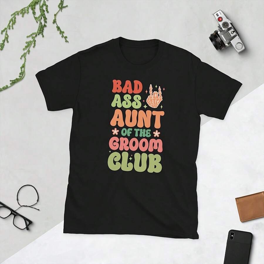 Camiseta unisex con el texto "Tía del novio", "Tía divertida del novio", "Tía del novio" - Negro 4 - Ver 1