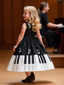 1件女童夏装，女童黑色圆领无袖钢琴键印花连衣裙，儿童简约舒适休闲装，女童户外运动度假娱乐服装 - 黑色 - 查看 2