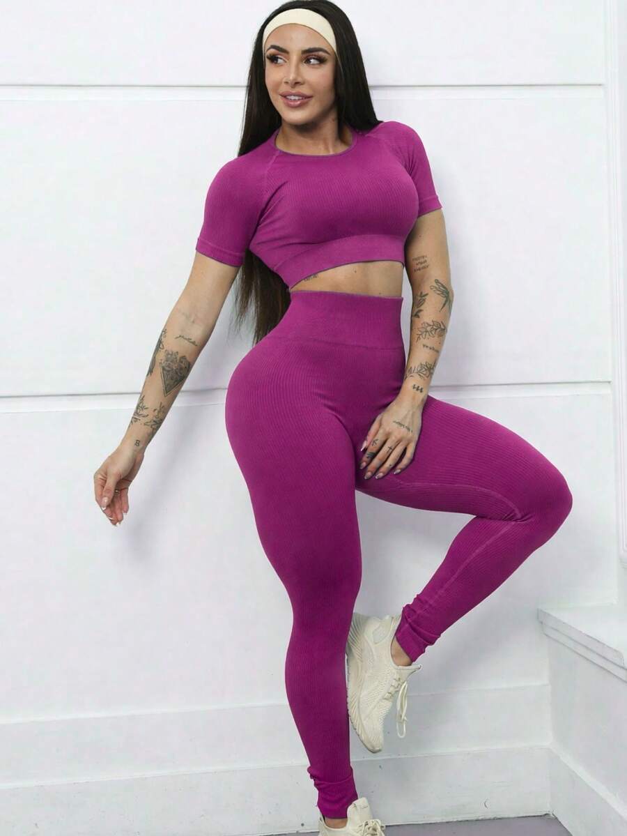 jelik fashions Set: Short-Sleeved Ribbed Top With Leggings For The Gym. - Màu hồng đậm - Xem 1