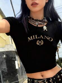 MILANO 96 Letter Print Round Neck Short T-Shirt |   Casual Short Sleeves, Y2K Style, Geometric Pattern, Ideal For Spring And Summer - 黑色 - 查看 2