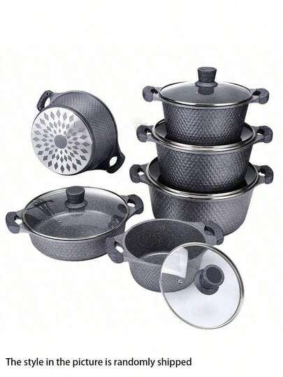 10 قطع مجموعة أواني الطهي غير لاصقة، تشمل قدر صغير ومقلاة، مناسبة للموقد الغازي، موقد الحث، الفرن، مثالية لعيد الشكر، عيد الميلاد، تجمعات الحفلات، وجبات العائلة، الاستخدام اليومي