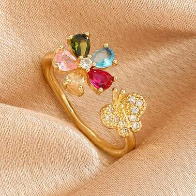 1 pieza Anillo de acero inoxidable dorado con pequeña flor y mariposa de circonita, casual, interesante, elegante y lujoso, adecuado para niños, estudiantes, decoración, fiesta, regalo de vacaciones