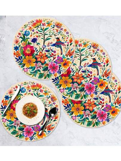 4件/6件装波西米亚风彩色花鸟印花圆形餐垫，象牙白底色，饰以鲜艳的花鸟图案，融合异域乡村风情与复古艺术风格，防水、防油、隔热、防滑，适合注重氛围的家居装饰，异域风情或清新乡村风格皆宜，可用于餐桌装饰，保护桌面，适用于日常用餐、下午茶或户外野餐，实用又美观。