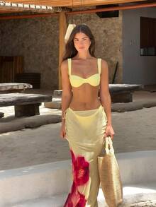春夏新款柠檬黄优雅性感休闲沙滩度假派对三件套比基尼：钢圈抹胸上衣 + 渐变印花长裙 - 彩色 - 查看 1