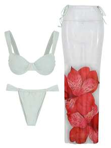 New Arrival Spring/Summer Vacation Beach Party Pale Blue Elegant Sexy 3-Piece Bikini Set: Underwire Bandeau Top + Ombre Print Maxi Skirt - Multicolor - View 2