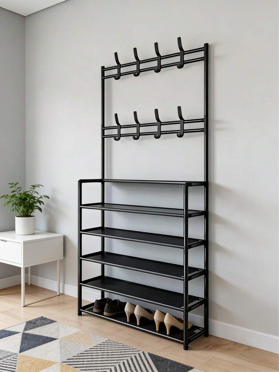 一款多功能4層/5層鞋子收納架，配有8個掛鉤，帶擱板掛鉤，多功能鞋子和衣服收納架，節省空間的家居整理器，適用於臥室、房間門口、客廳小角落等多場景 - 黑色 - 查看 1