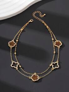 SHEIN BAE 1 chiếc vòng cổ mặt dây chuyền hình cỏ ba lá rỗng và ngũ sắc sang trọng dành cho nữ, màu nâu, hai lớp (Số lượng hạt có thể thay đổi do cắt thủ công, chiều dài cố định) - màu nâu - Xem 2