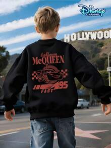 Boys' Crew Neck Pullover Sweatshirt, Suitable For Spring, Autumn, And Winter, For Children Aged 5-12. Black, Loose And Comfortable Fit. Features A Small Red "95 Lightning McQueen" Print On The Left Chest And "Lightning McQueen" Lettering And Lightning McQueen Racing Car Lines On The Back, Decorated With A Checkered Flag And "95 FAST" Lettering. Disney Cars Themed Design. Skin-Friendly And Breathable Fabric. Can Be Paired With Jeans, Sweatpants, Or Casual Shorts For Various Styles. Eye-Catching Racing Theme Design, A Must-Have For Back-To-School Season. Machine Washable And Durable. Suitable For All Body Types. Versatile And Practical Children's Top. Popular American Children's IP Themed Top. Boys' Everyday Casual Top. Disney Element Children's Fun Printed Pullover Sweatshirt. Comfortable And Skin-Friendly Top For Teenagers. Unique Patterned Boys' Sweatshirt. - 黑色 - 查看 1