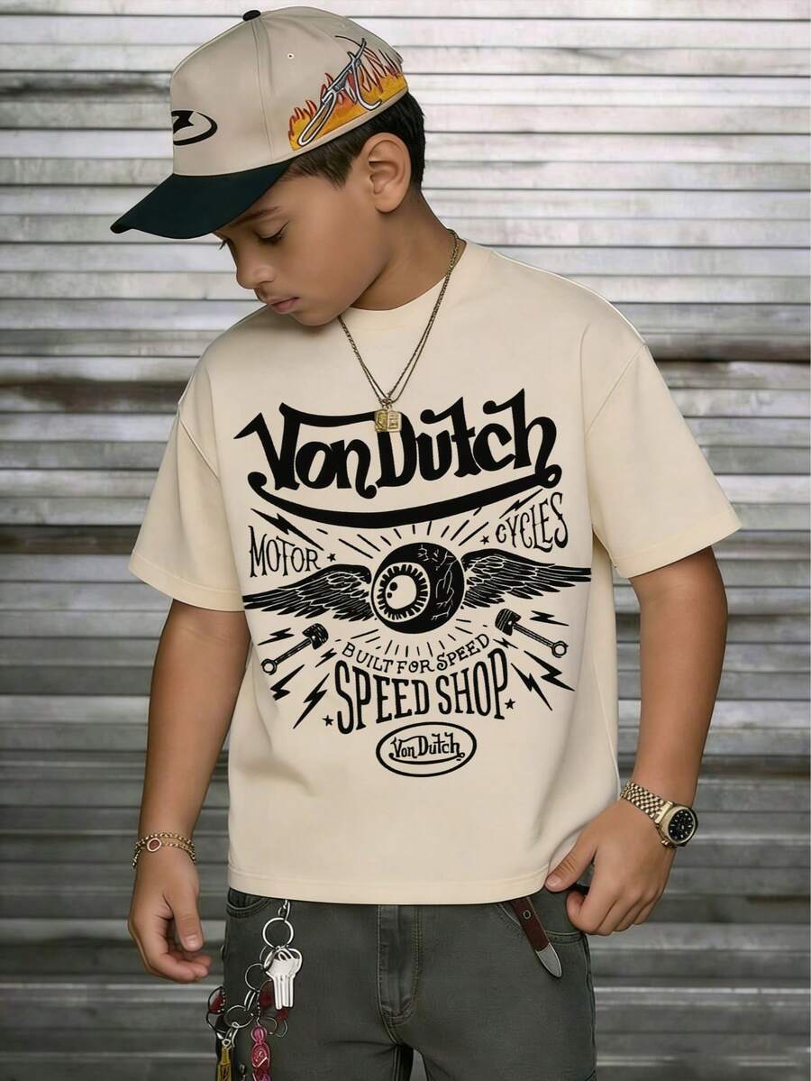 [Cotton T-Shirt] Tween Boy Cotten Clothes,Y2K-Inspired Letter Print T-Shirt - Casual Crew Neck, Short Sleeve, Machine Washable - Perfect For Spring/Summer/Fall,Fashion, Streetwear, Unisex, Men, Women - 杏色 - 查看 1