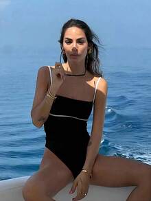Novo Maiô Elegante de Praia, Casual e Sexy, com Contraste de Cores, Alta Elasticidade, para Férias, Encontros e Festas - Preto - Visão 6