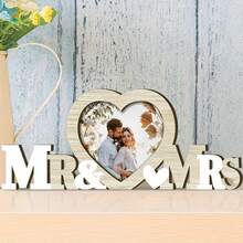 1pc Traditional Wooden Heart-Shaped Photo Frame, Suitable For Mr. & Mrs., Warm Wooden Tone, Perfect For Romantic Wedding Photos. This Rustic Style Horizontal Desktop Stand Is A Personalized Display Choice For Couples - G - View 1