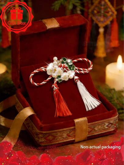 1pc Handmade Red And White Tassel Wreath Brooch With Gift Box, Martisor 2026, Folk-Style Accessory, Suitable For Holiday Gifts And Family Gatherings