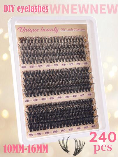 240片混合长度睫毛嫁接，12排10-16毫米D卷度貂毛睫毛，防水浓密，打造自然或浓密妆效，适合日常妆容或特殊场合。睫毛簇，睫毛片，单根睫毛，假睫毛。