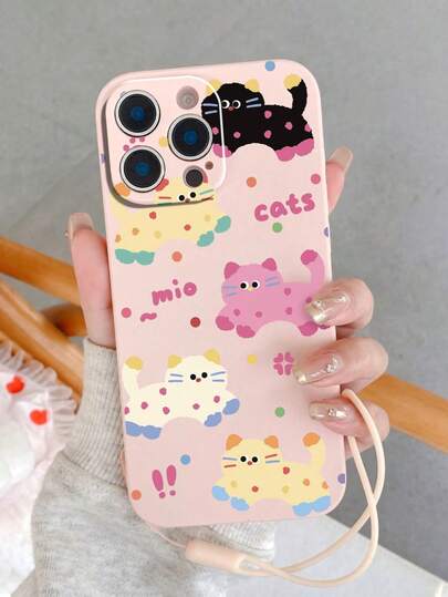 1个时尚猫咪印花穿孔边缘彩色保护手机壳，带可拆卸硅胶腕带，兼容 17pro/17Air/17/17promax/16/11/16pro/16plus/16promax/16e/15Promax/13/14/12/XS/XR/7G/8P、Galaxy等机型。