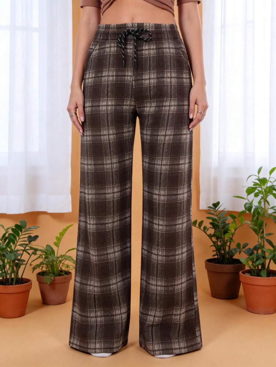 Pantalones casuales de pierna ancha con cordón a cuadros para mujer, de poliéster elástico y largo - marrón - Ver 1