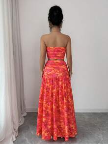 abyoxi 女士橙红色印花无肩带褶皱露脐上衣和飘逸长裙两件套，春夏装 - 橘色 - 查看 2