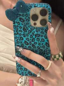 3D Rhinestone Bow Leopard Print Phone Case, Compatible With 17 Pro Max, 17 Pro, 17 Air, 17, 16, 15, 14, 13, 12 Pro Max, 11, Fashionable Shock-Resistant Protective Phone Cover - Blue - View 1