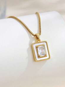 1件装不锈钢方形吊坠项链，女士款，优雅浪漫复古风，时尚休闲，适合斋月、节日、日常佩戴、通勤、街头、派对、送礼（OPP袋包装盒仅用于拍摄） - 金黃色 - 查看 2