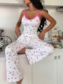 SANRIO Bộ đồ ngủ nữ 2 món họa tiết Hello Kitty, áo hai dây và quần dài mềm mại, đồ mặc nhà dễ thương và thoải mái. - trắng - Xem 2