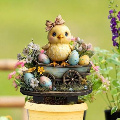 Easter Chick Garden Stake, 2D Acrylic Yard Art, Spring Floral Cart Decor, Colorful Egg Outdoor Ornament, Waterproof Patio Lawn Decoration, Holiday Gift