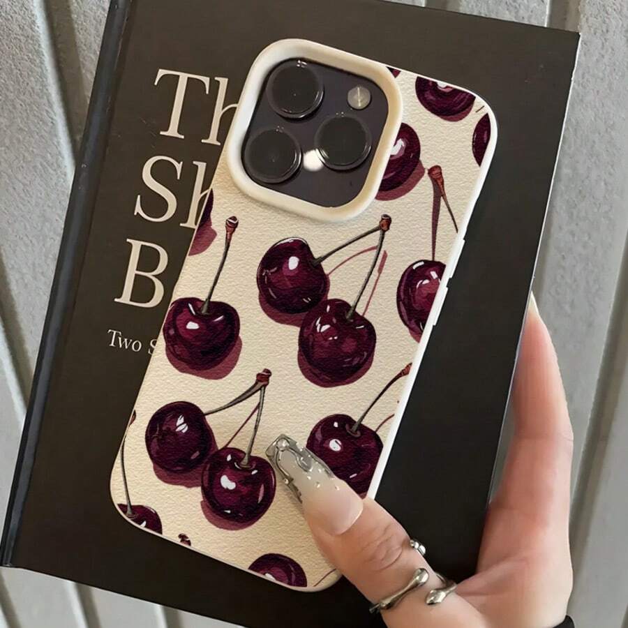 1pc Wine Red Cherry UV Printed Pattern Design Leather Texture Phone Case - Antique White - View 1
