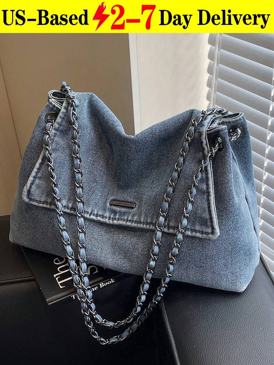 New Fashion Casual Solid Color Denim Effect Metal Chain Strap Flap Cover Women Shoulder Bag,Vintage Washed Jean Flap Over Shoulder Bag For Women, Adjustable Chain Strap Crossbody Purse With Magnetic Snap Closure, Large Capacity Casual Bag Fits Phone, Umbrella, Water Bottle For All Seasons, Travel, Commute & Date Nights In Black, Dark Blue & Light Blue[US Local Warehouse]The Best Gift Choice, Birthday Gift, Christmas Gift - 彩色 - 查看 1