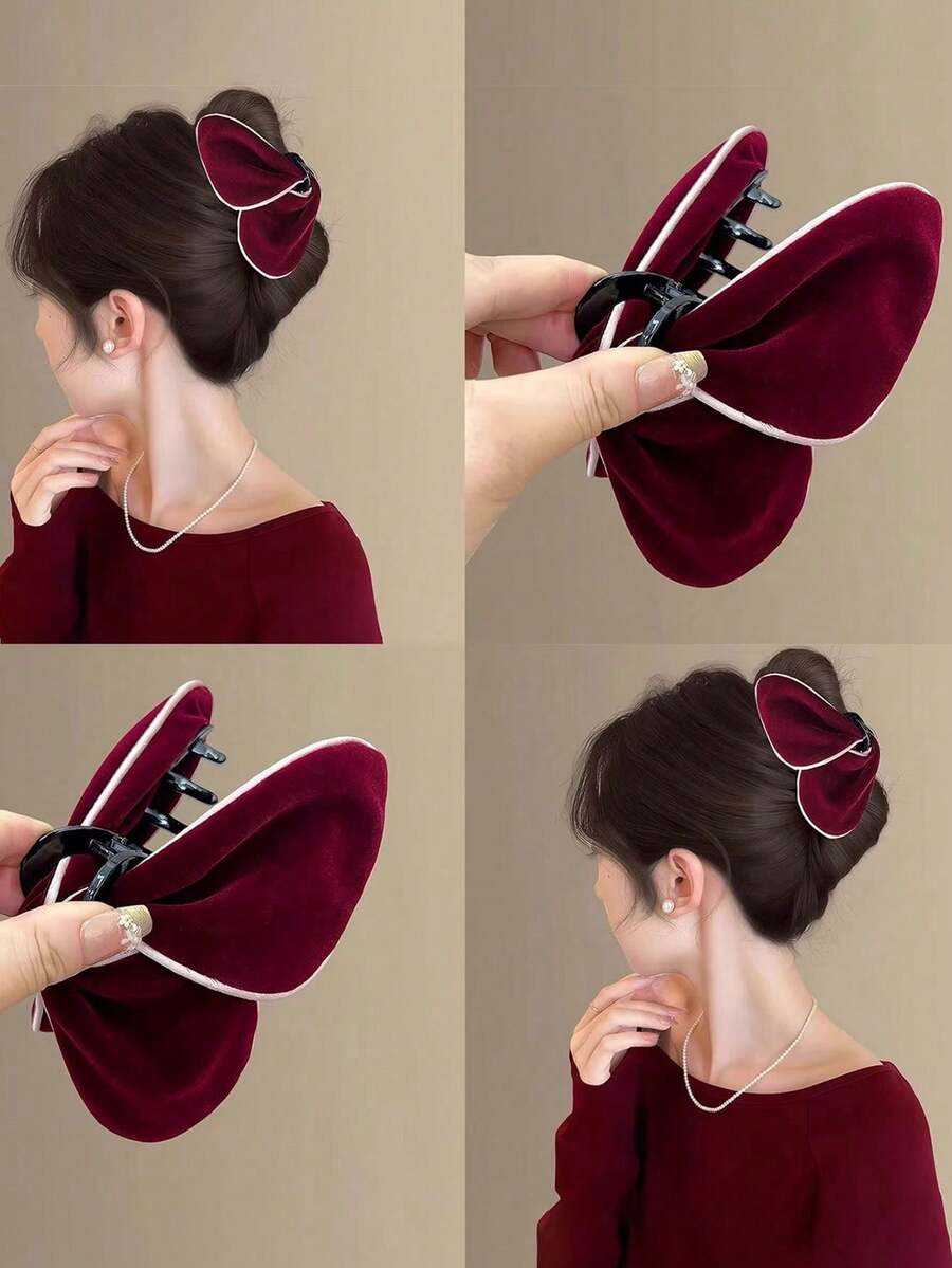 [Elegant | Soft Fur] Elegant Soft Fur Hairpin | French Style 1pc - Velvet Butterfly & Shark Gripper,Black Plush Gripper, Butterfly Shaped Fashionable Velvet White Edged Gripper,Suitable For Parties, Birthday Parties, Gifting To Friends And Family, Valentine's Day Gifts, Birthday Gifts, New Year Gifts - Multicolor - View 1