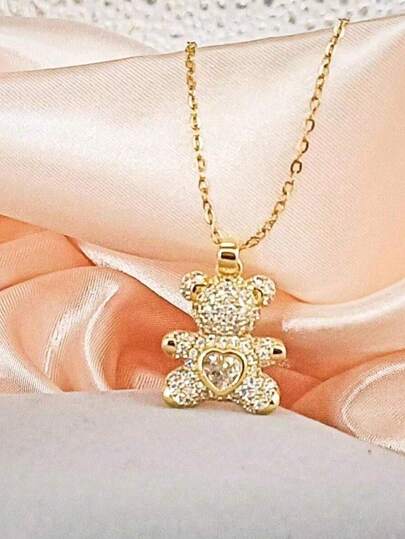 1 pieza Collar con colgante de acero inoxidable con forma de oso corazón, diseño creativo, lindo y minimalista, vintage y de moda, adecuado para el Día de Acción de Gracias, Navidad, uso diario, fiesta, vacaciones, opción de regalo asequible (caja de embalaje de bolsa OPP solo para fotografía)