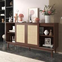 Buffet With 3 Sliding Doors In Genuine Rattan And 2 Drawers, 155 X 38 X 80 Cm, Breathable, Stable And Versatile - Camel - View 5